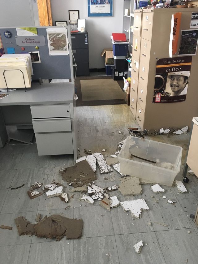Fallen tiles in a Brooklyn College office.